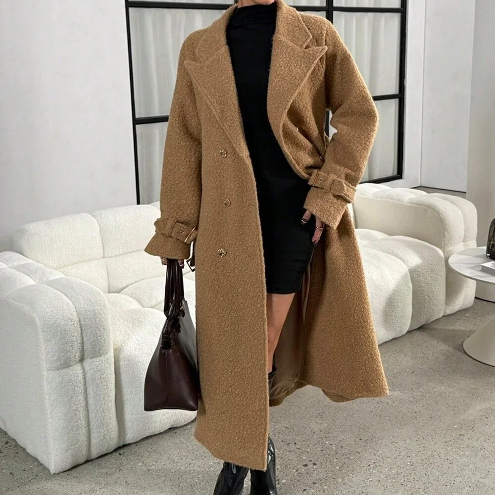 Khaki Casual Women's Teddy Fleece Oversized Trench Coat